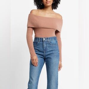 express ribbed off shoulder sweater in tan